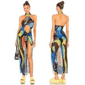 Kim Shui Swirl Qi Pao Maxi Dress in Blue Black Mesh Slit XS XSmall